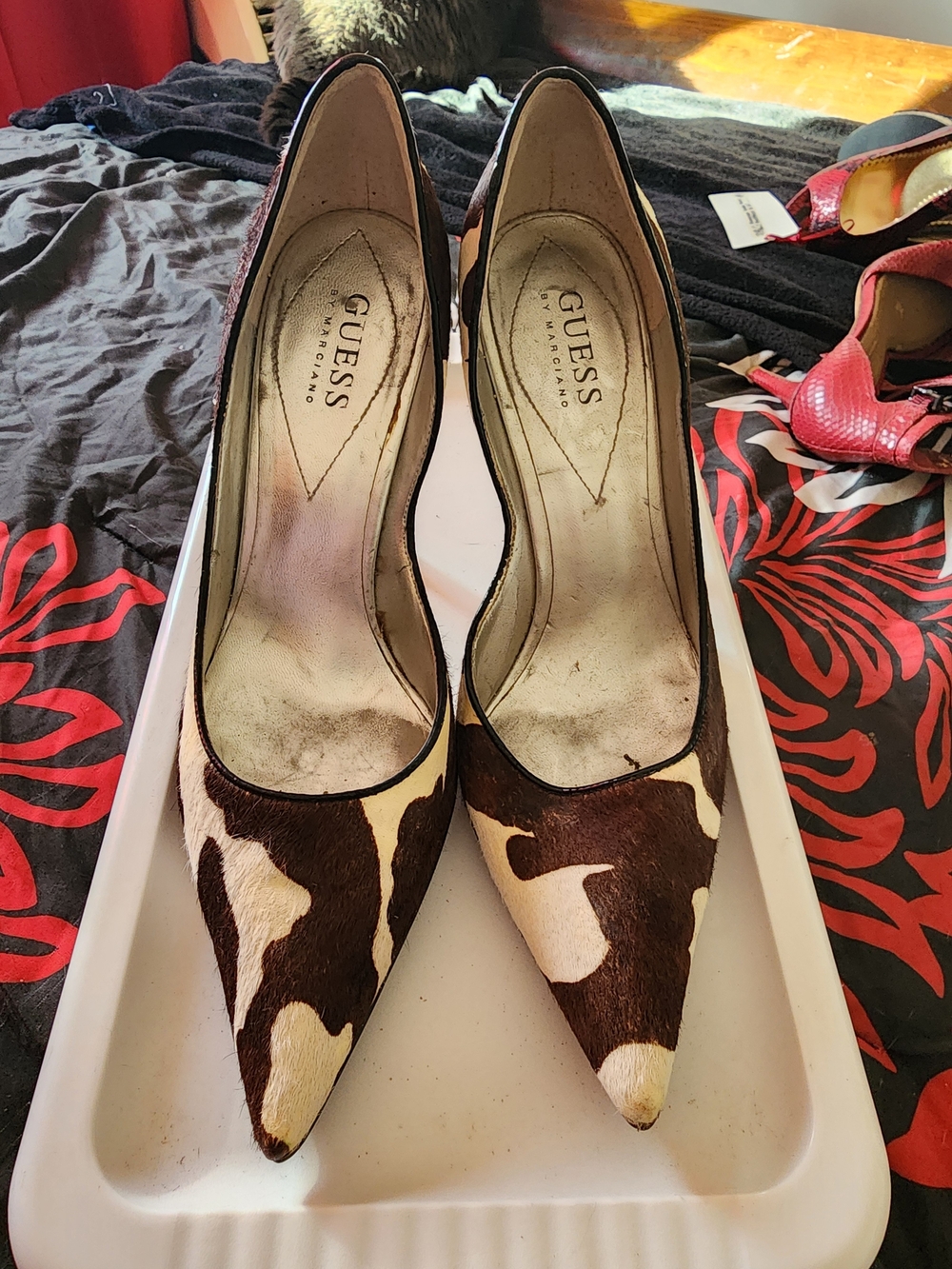 Guess Brown and White Cowhide Pointed-Toe Heels